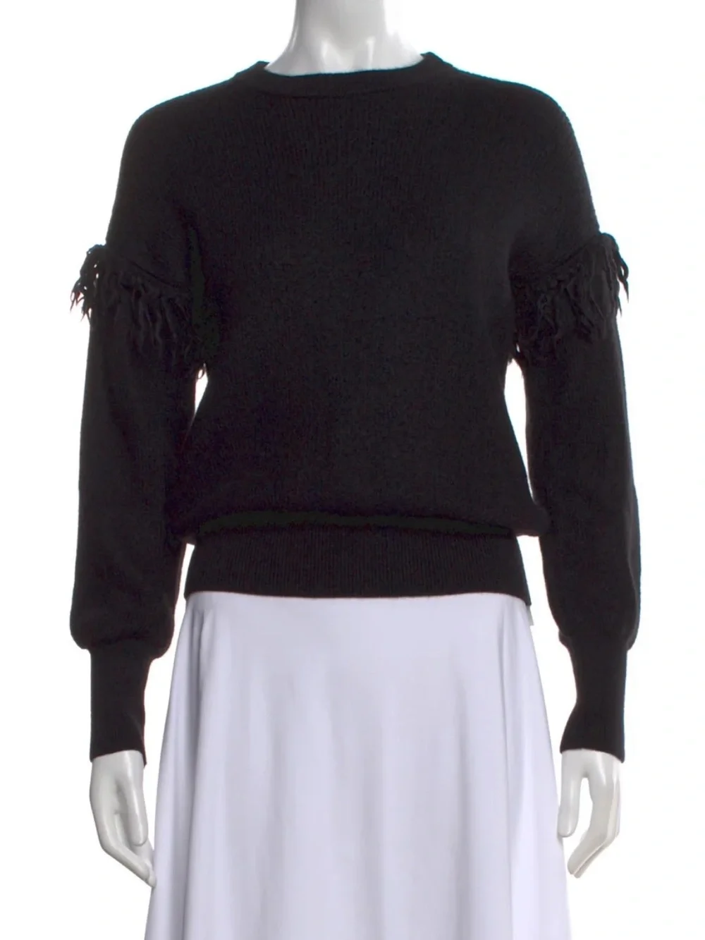 Tory Burch cashmere alpaca wool, Black Fringe Sleeve Crewneck Sweater - Women